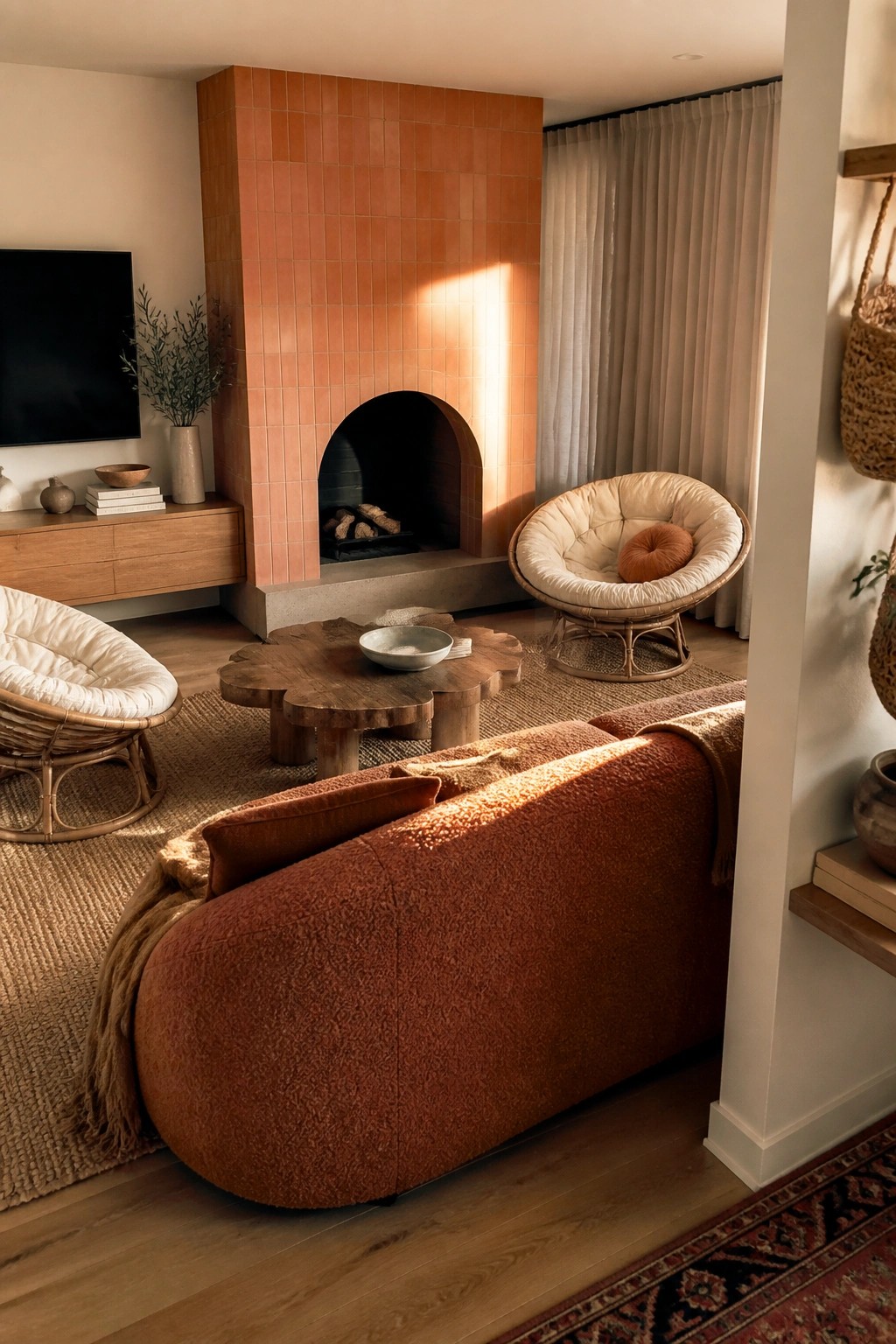 A living room featuring a tall terracotta tiled fireplace with an arched opening, a large curved rust-colored sofa, two woven papasan chairs, and a wooden coffee table on a jute rug.