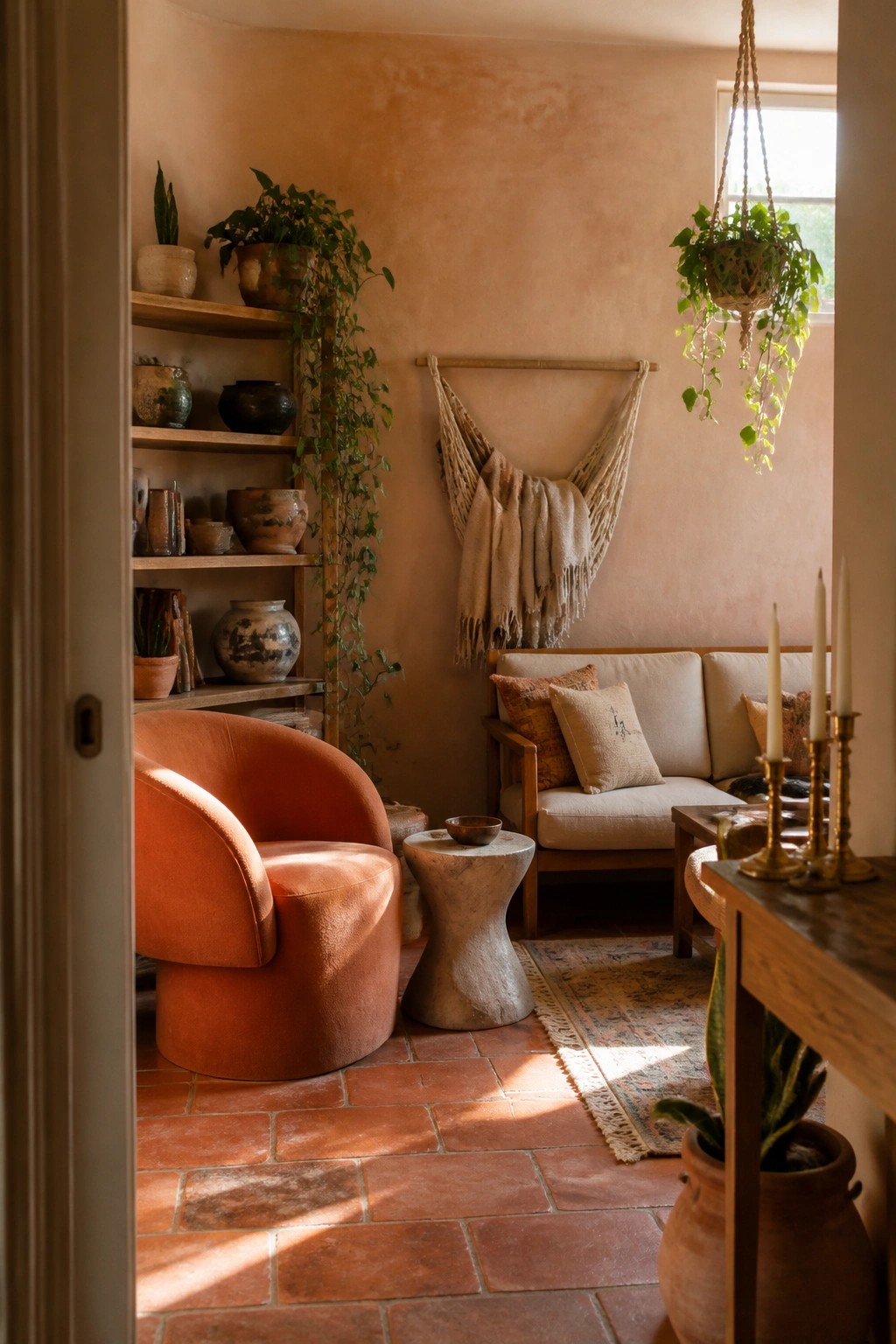 An interior living room with terracotta tile flooring, a rust orange armchair, a wooden sofa with neutral cushions, clay toned walls, wooden shelves with pottery, and hanging plants.