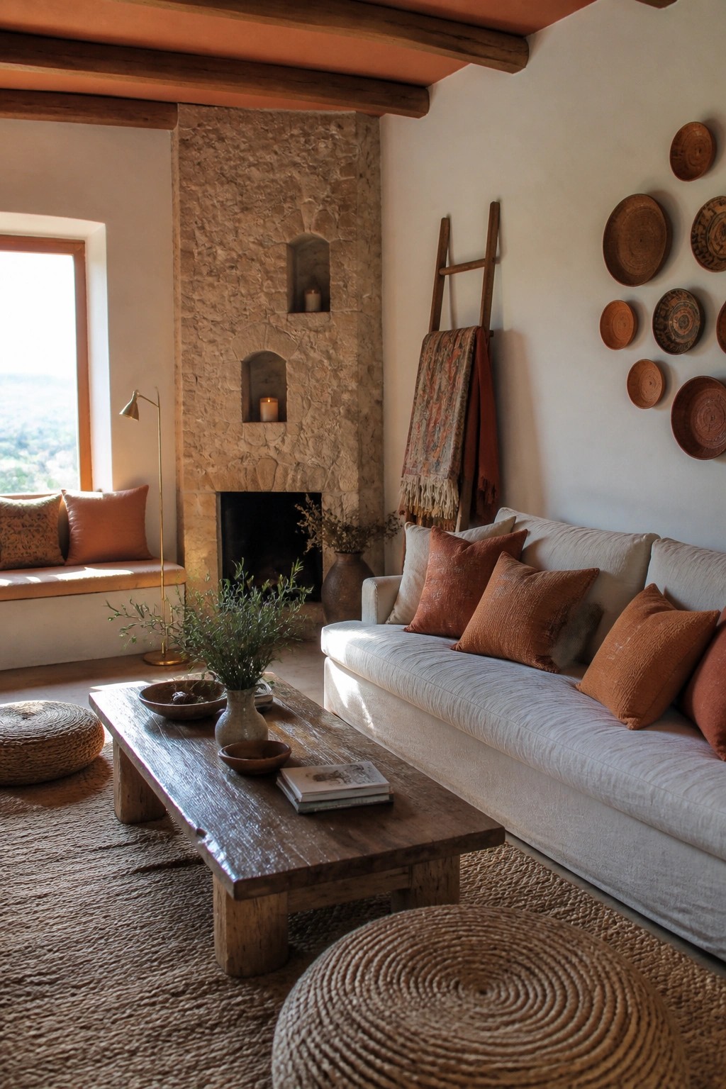 A living room interior showing a white sofa with multiple terracotta pillows, a rustic wooden coffee table, a large stone fireplace with built-in niches, and woven floor elements on a jute rug.