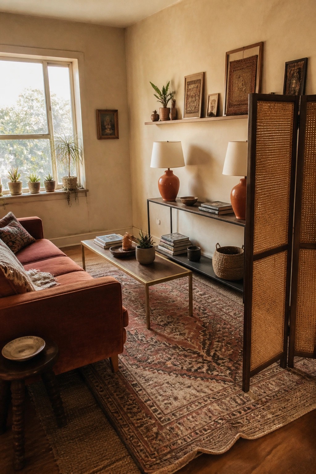 A living room featuring a terracotta sofa on a patterned rug, a wooden coffee table, a black console holding two terracotta lamps, potted plants on the windowsill, and a cane-weave room divider.