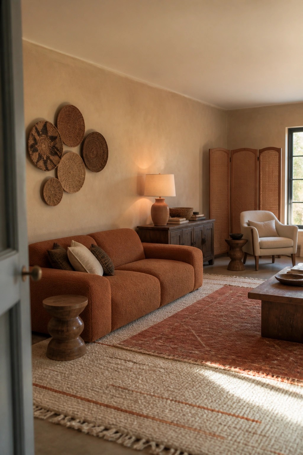 A living room featuring a large terracotta sofa against beige walls, with woven wall baskets, a wooden sideboard, an armchair, and layered rugs in neutral and red tones.