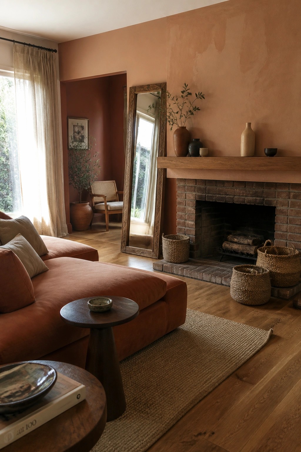 A living room with a large terracotta sectional sofa, round wooden side tables, a brick fireplace with wooden mantel, clay-colored walls, and a tall ornate mirror leaning nearby.