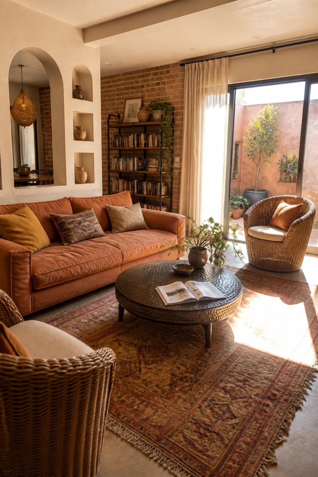 Living room with a large terracotta sofa, round hammered coffee table holding an open book, two wicker chairs, patterned rug, black bookshelf, and brick wall beside large glass doors.