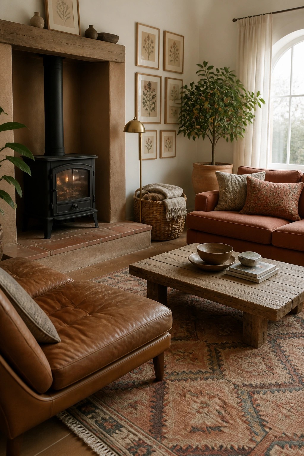 A living room with a black wood stove set into a clay-colored alcove with terracotta tiles on the floor and steps, a rust sofa, leather chair, wooden coffee table, and patterned rug.