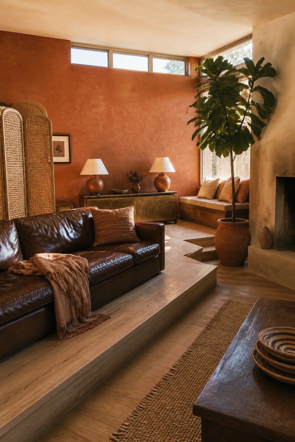 Living room interior with terracotta walls, brown leather sofa on raised wood platform, two table lamps on console, large potted plant, and woven room divider.