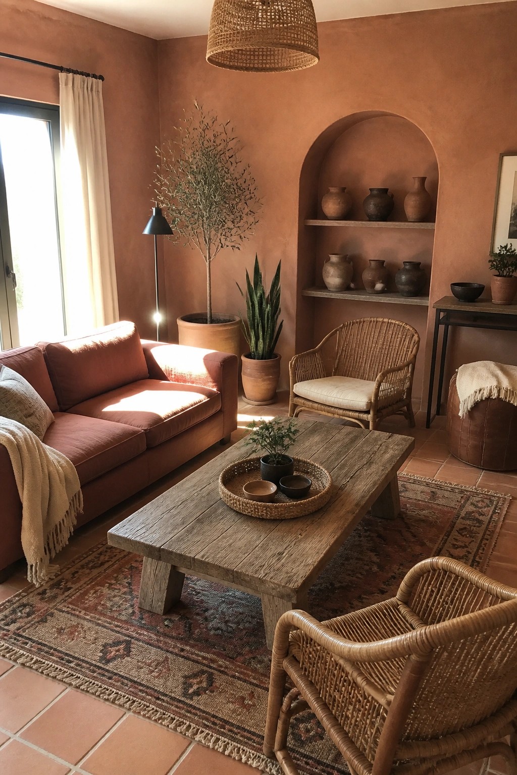 A living room featuring terracotta walls, a rust sofa, wooden coffee table, wicker chairs, woven light fixture, and built-in arched shelving with pottery.