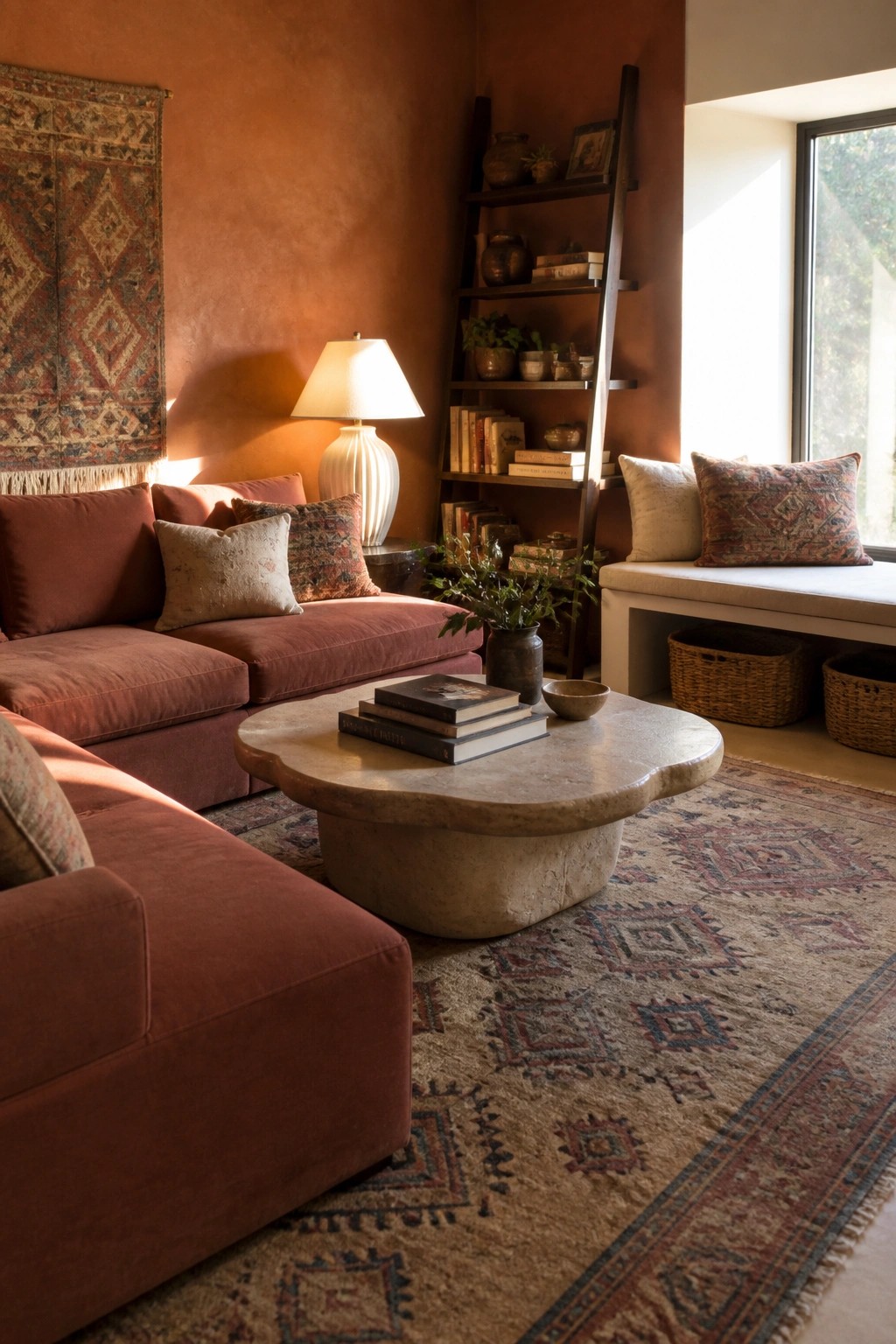 A living room with terracotta walls, a rust-colored sectional sofa, a stone coffee table on a patterned rug, and a wooden ladder shelf beside a window seat.