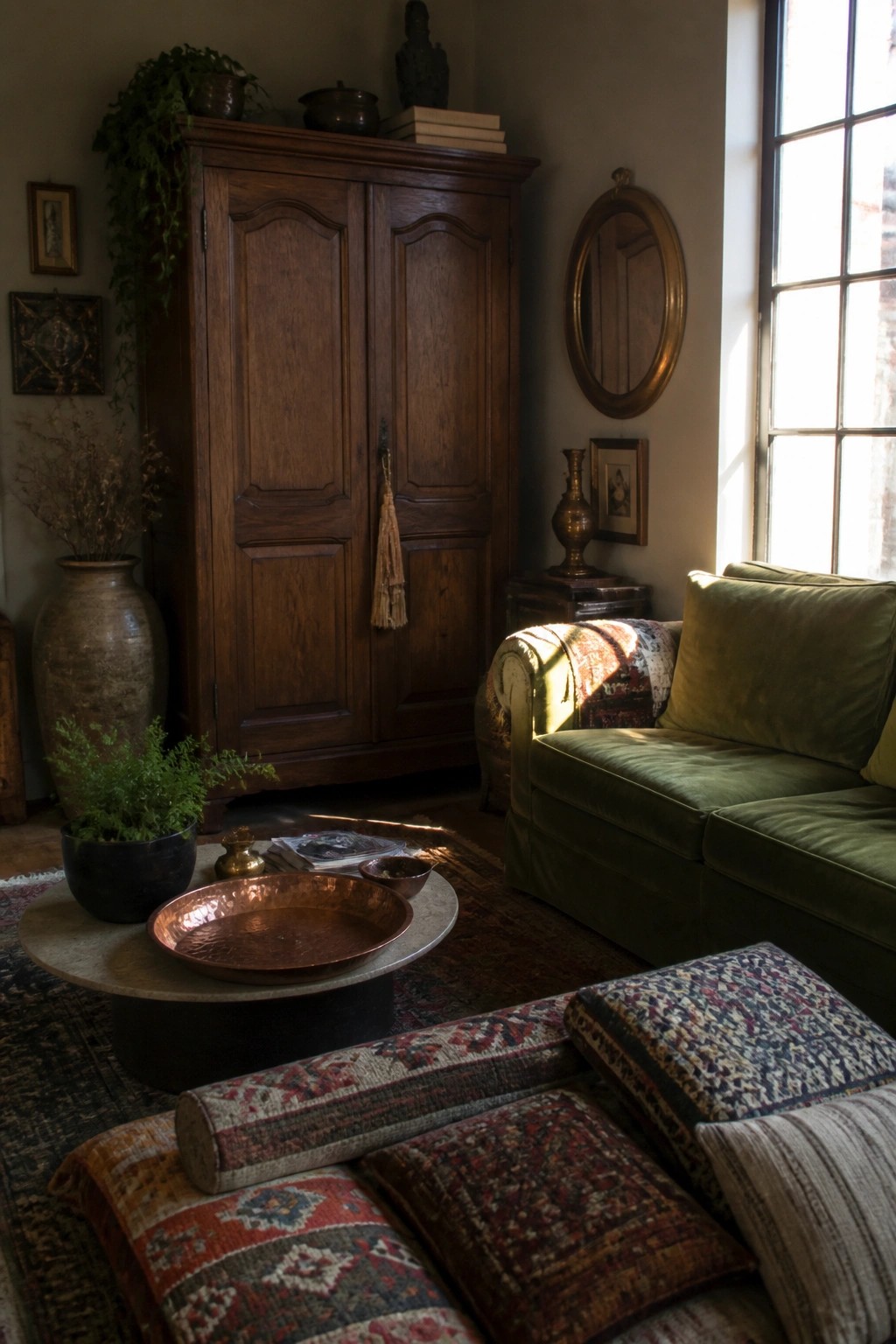 Cozy living room with wooden armoire, green velvet sofa, copper tray, and patterned textiles