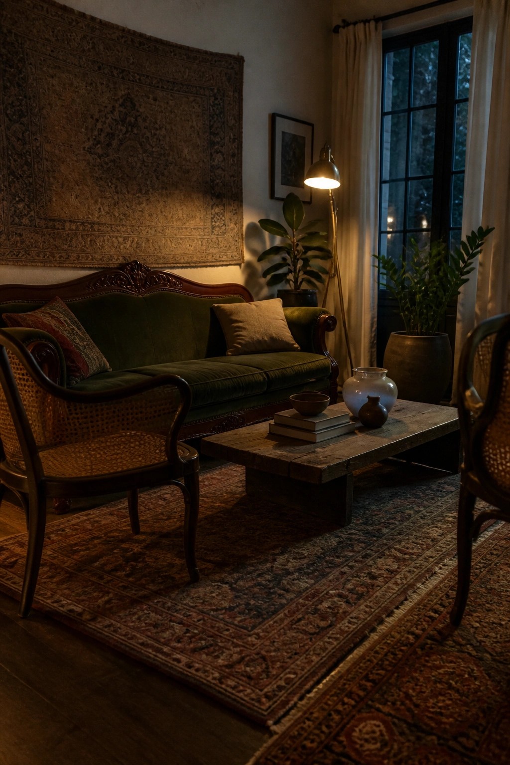 A dimly lit living room featuring a green velvet sofa, wooden coffee table on stacked books, two cane chairs, and large patterned rugs covering the floor beneath a wall tapestry.