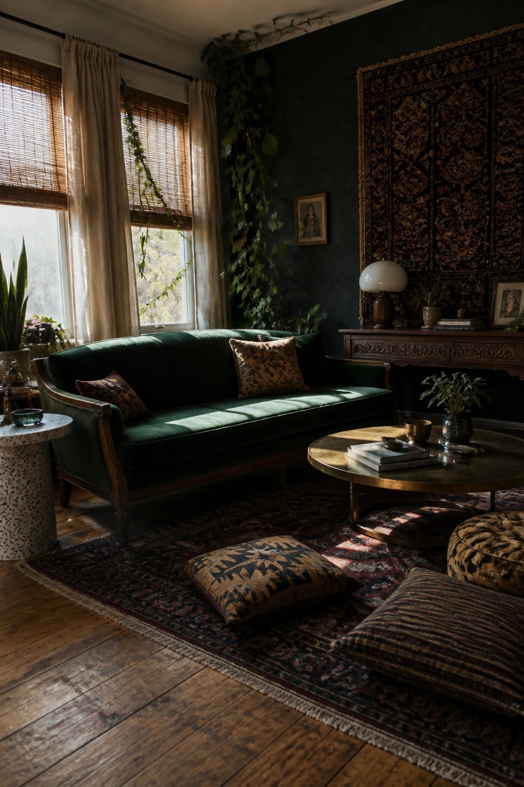 Dark green velvet sofa in sunlit room with patterned rugs, pillows, and plants