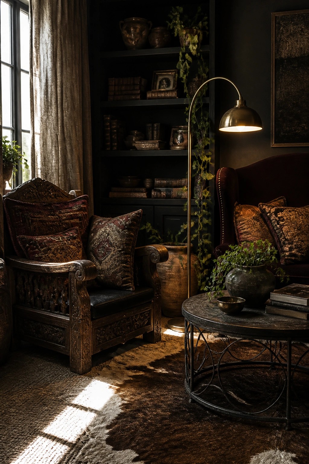 A dark living room with a heavily carved wooden armchair, patterned pillows, a brass floor lamp, and built-in shelves filled with books and pottery.