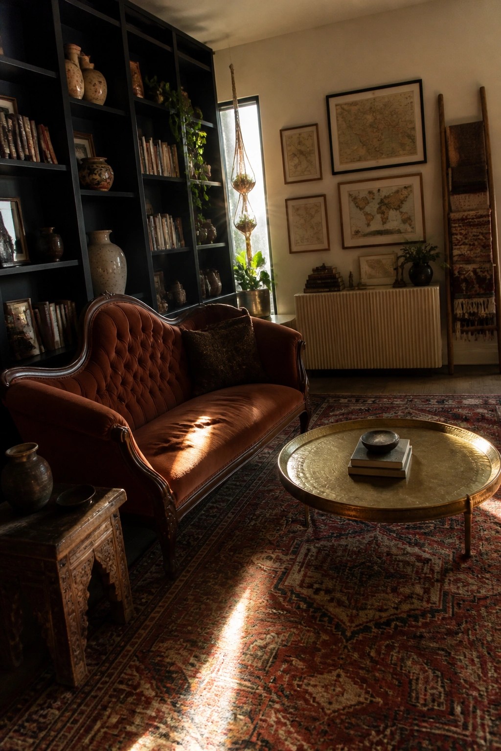 Warmly lit room with tufted rust sofa, dark bookshelves, brass table, and patterned rug