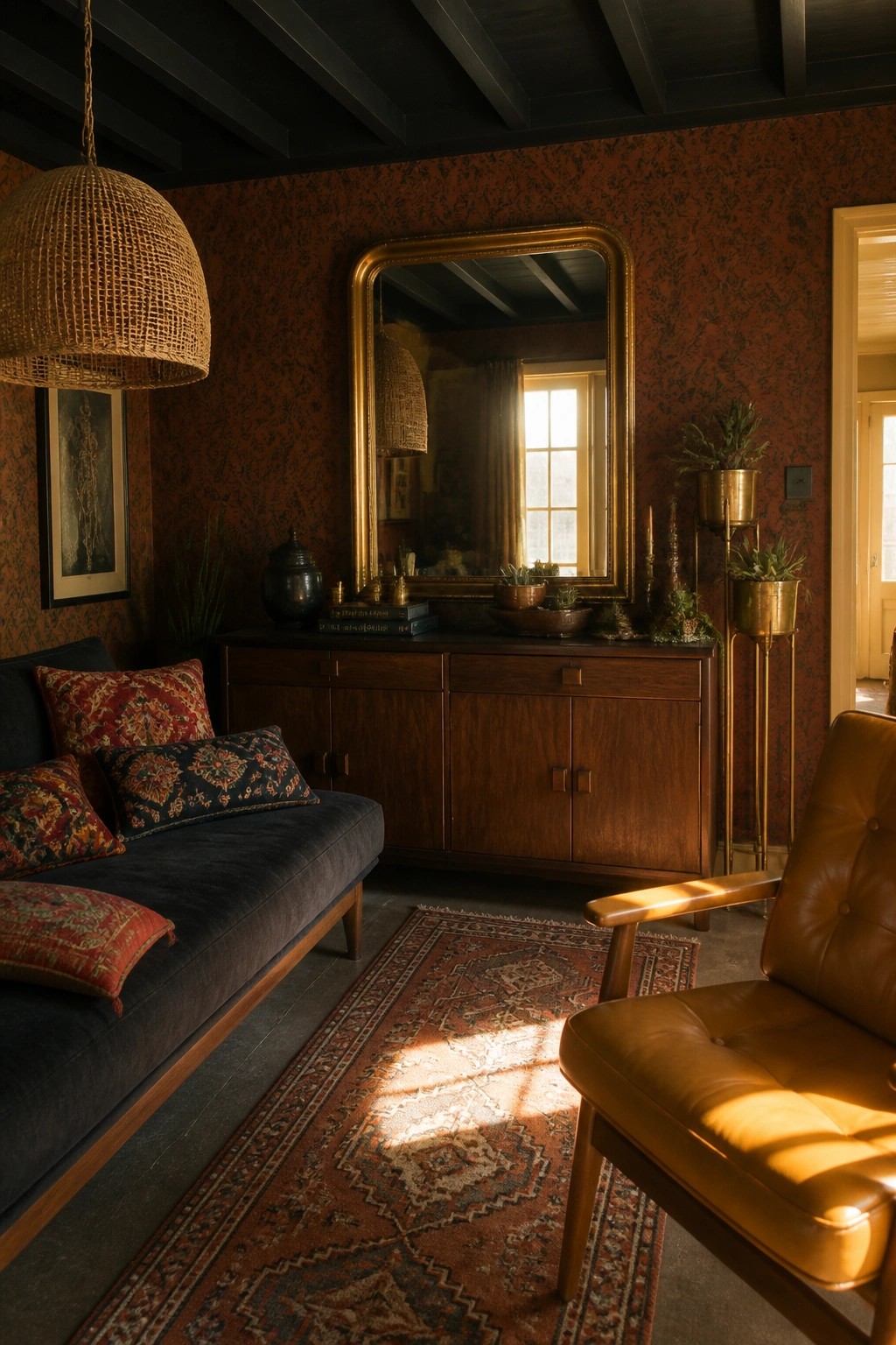 Interior view of a living room with dark red patterned wallpaper, black ceiling beams, a dark blue sofa with red patterned pillows, a brown leather armchair, a wooden sideboard, and a large gold-framed mirror.