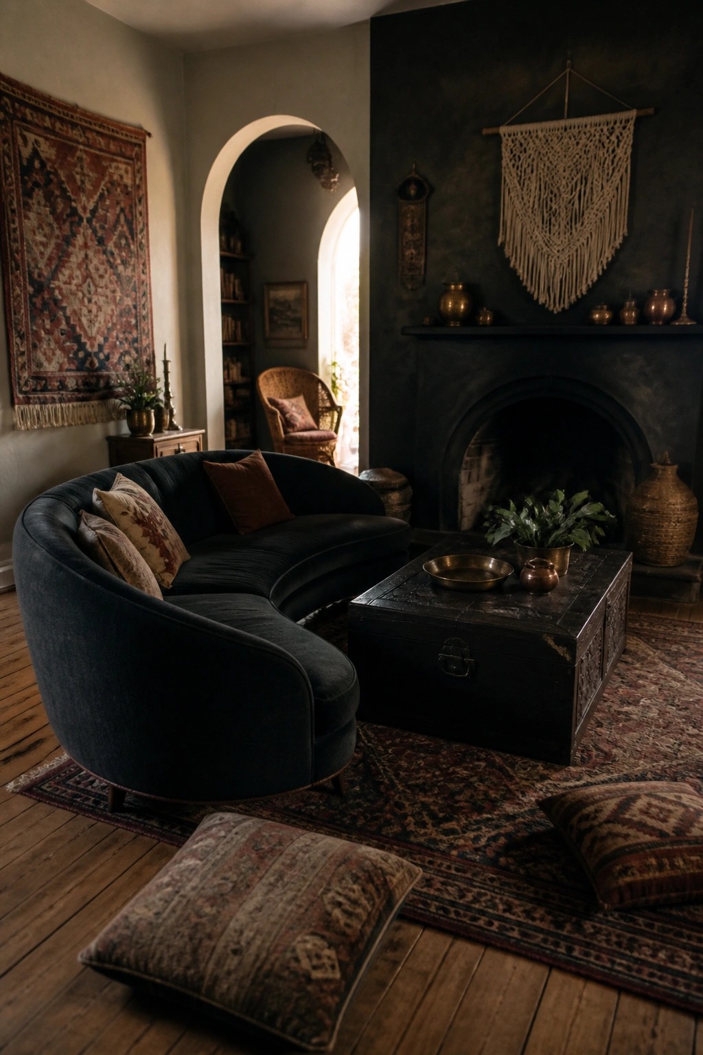 A moody living room with dark walls shows a curved dark blue sofa, a black wooden trunk used as a coffee table, layered patterned rugs, a fireplace, and a macrame wall hanging above the mantel.