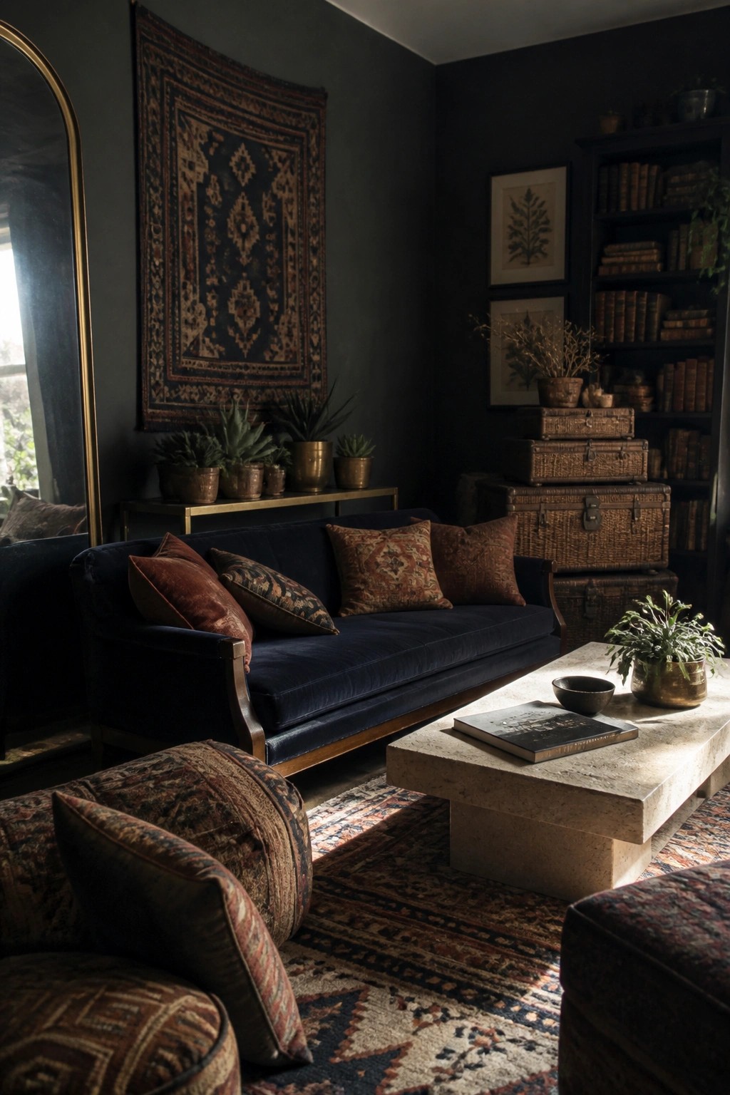 A living room with dark green walls, a large patterned tapestry, a blue velvet sofa with patterned pillows, a stone coffee table, layered rugs, and a bookshelf with vintage trunks.