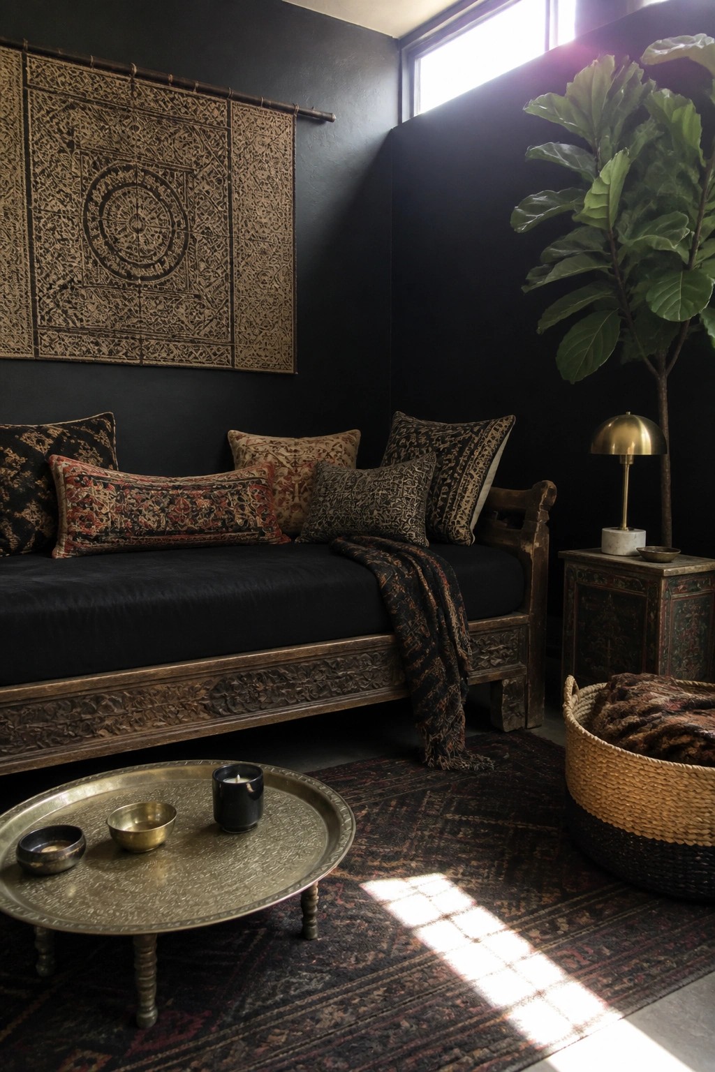 Dark eclectic room with carved daybed, patterned pillows, brass lamp, and fiddle-leaf fig.