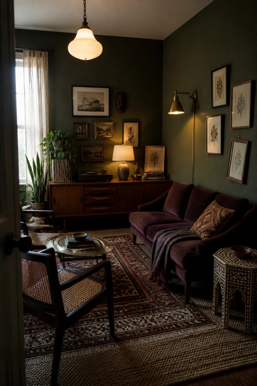 Cozy living room with purple velvet sofa, dark green walls, and warm lamps.