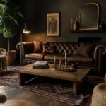 A dark living room centered on a brown leather chesterfield sofa with a rustic wooden coffee table, red patterned rug, and large potted plant near an arched window.