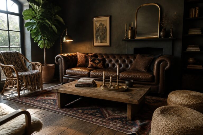 A dark living room centered on a brown leather chesterfield sofa with a rustic wooden coffee table, red patterned rug, and large potted plant near an arched window.