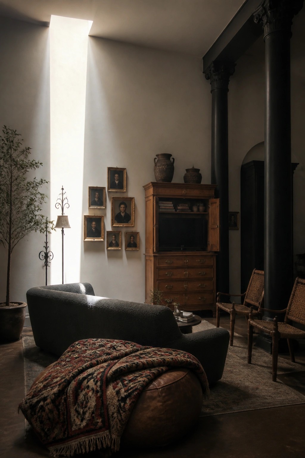 Sunlit room with dark sofa, leather ottoman, wooden TV cabinet, portraits, and black columns.