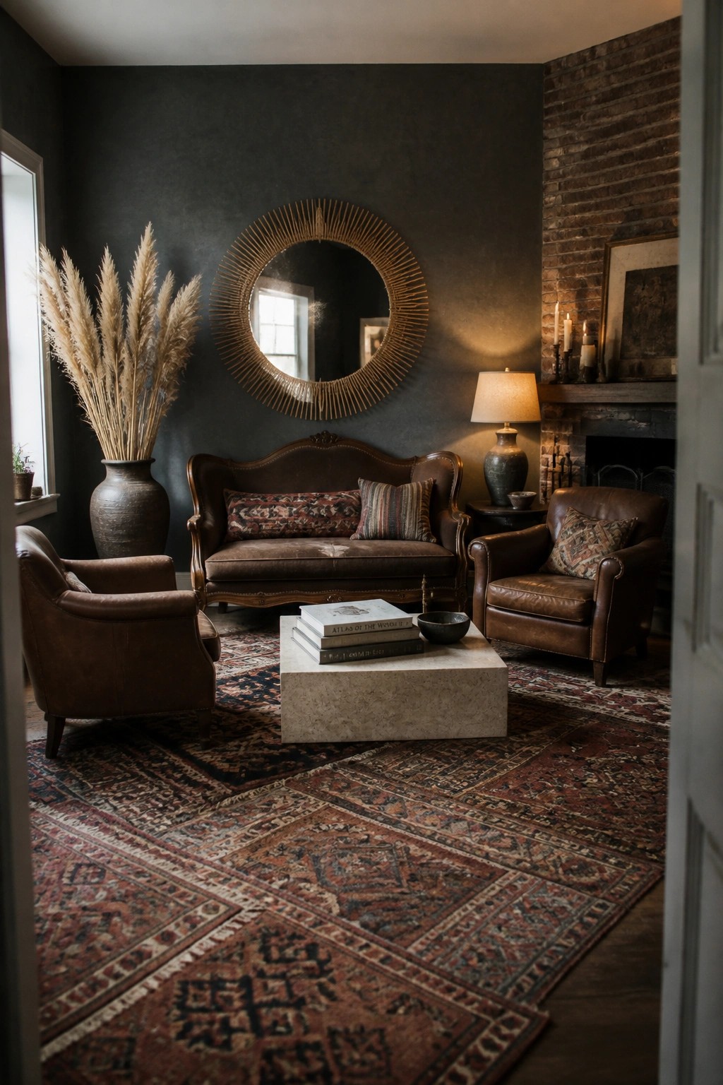 A living room with dark walls, a brown leather sofa and armchairs, a sunburst mirror, and multiple overlapping patterned rugs on a wood floor.