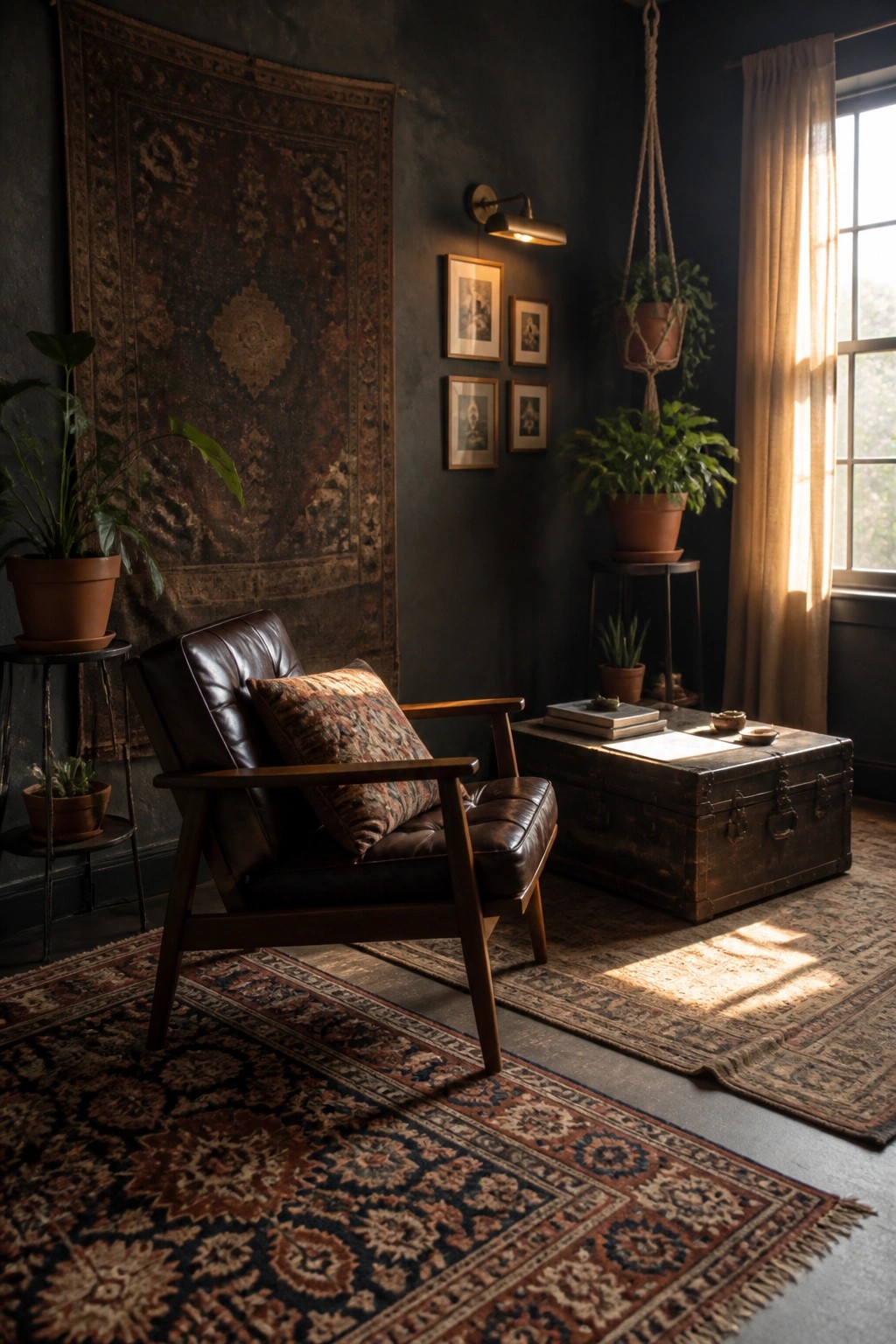 A dark living room with a brown leather armchair on layered patterned rugs, a vintage trunk used as a table, hanging plants, and a large wall tapestry.
