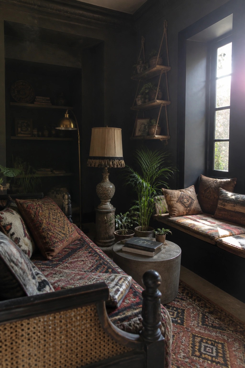 A dimly lit living room with dark walls, a patterned sofa with multiple cushions, a cushioned window seat, hanging shelves with plants, a floor lamp, and a round coffee table holding books.