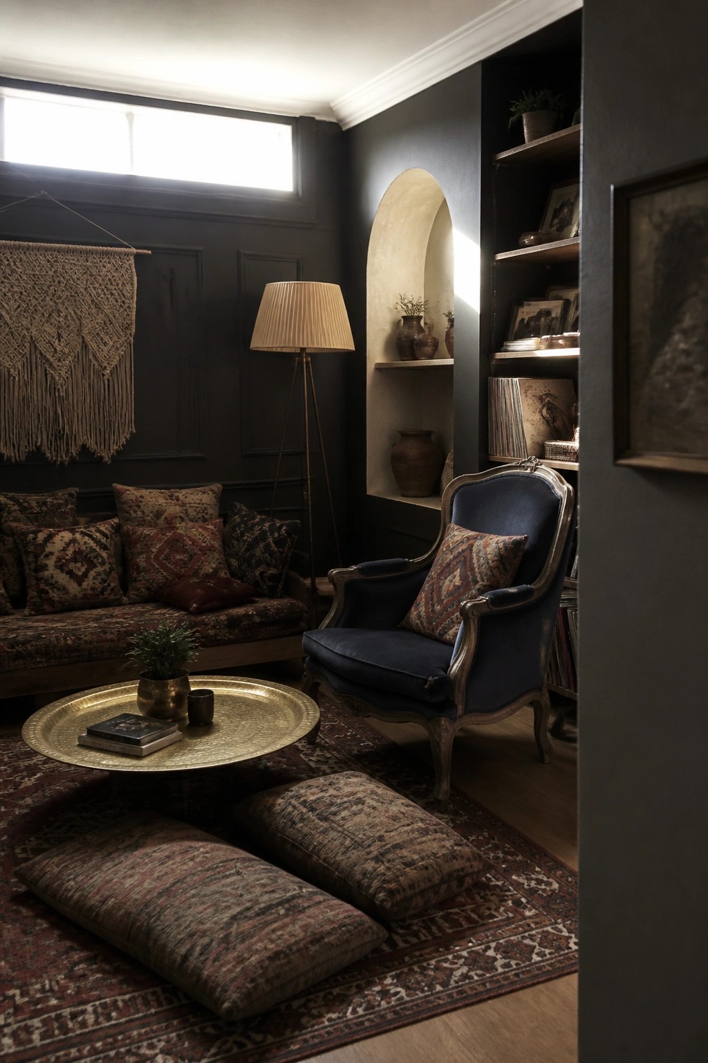 A dark-walled living room with a blue velvet vintage armchair, patterned floor cushions on a rug, a round brass coffee table, built-in shelves, and a floor lamp.