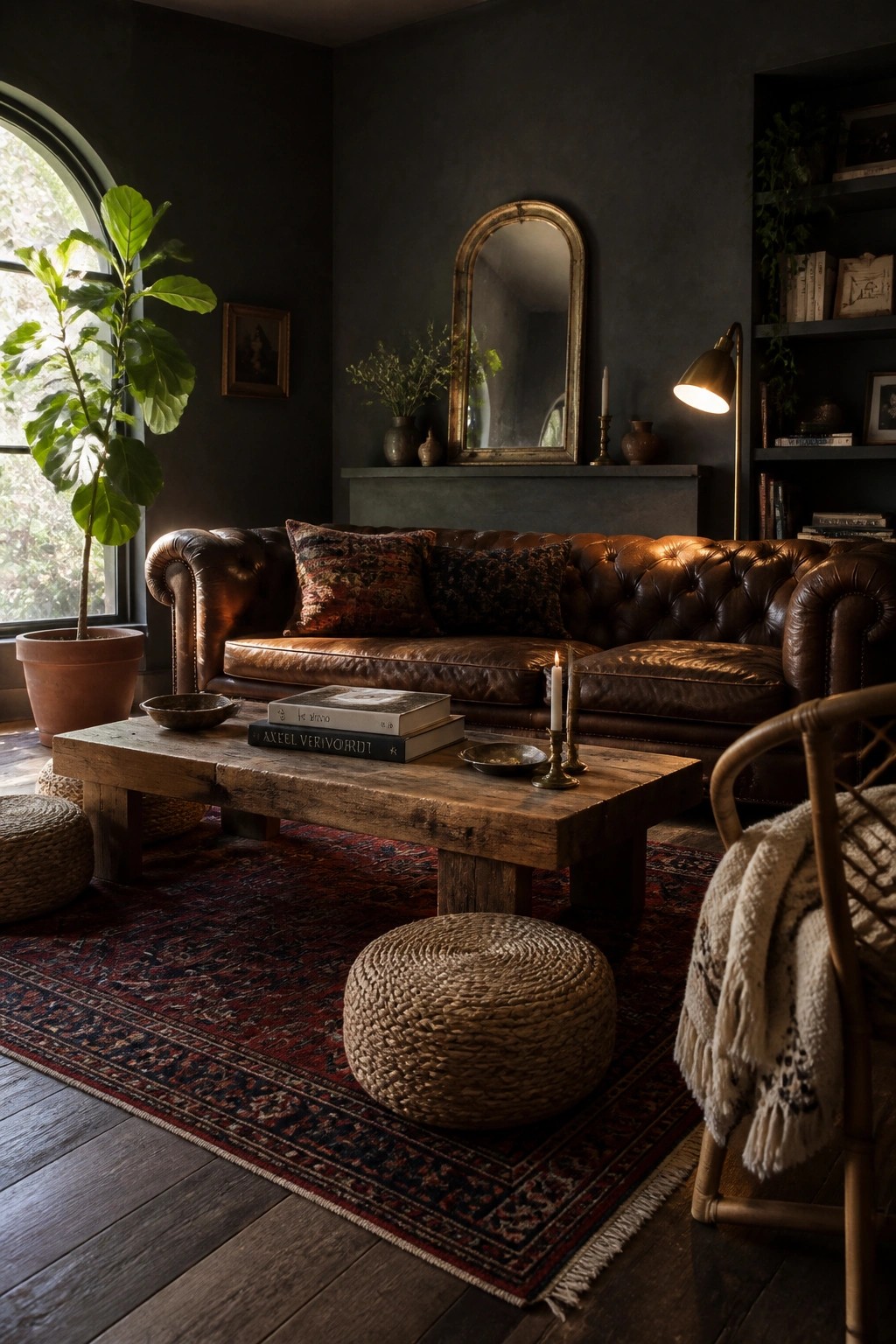 A dark living room centered on a brown leather chesterfield sofa with a rustic wooden coffee table, red patterned rug, and large potted plant near an arched window.