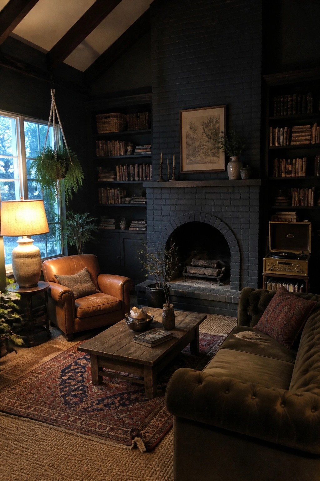 A dark living room with a brown leather armchair, olive velvet sofa, wooden coffee table, brick fireplace, and built-in bookshelves.