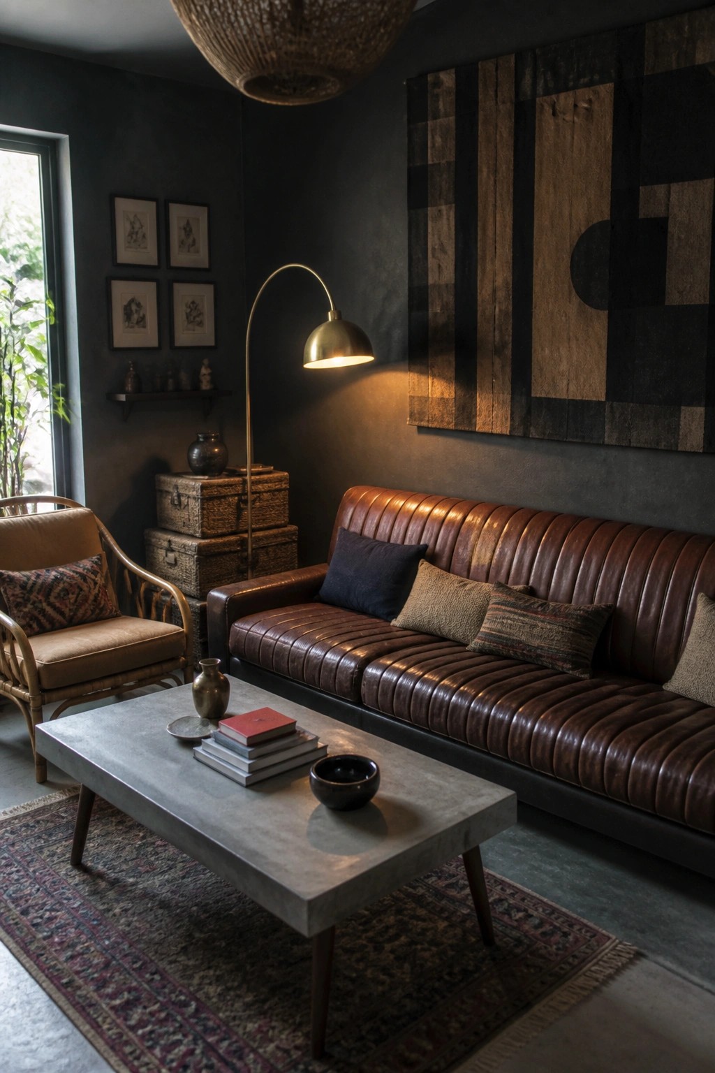 A dark living room with a brown leather sofa, concrete coffee table on a patterned rug, arched floor lamp, and large abstract wood wall art.