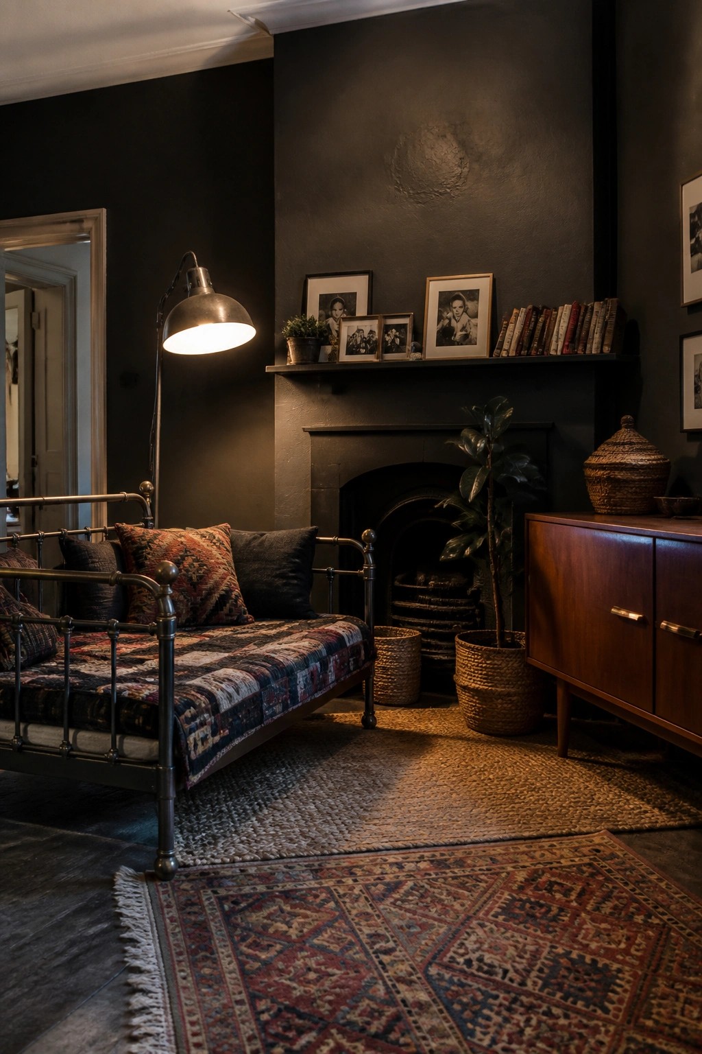 Dark room with metal daybed, glowing floor lamp, fireplace, wooden cabinet, and layered rugs