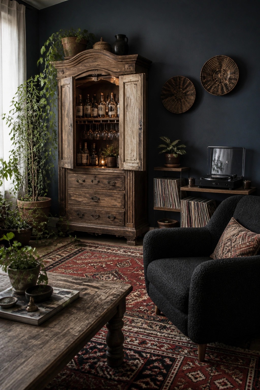 Rustic living room with dark walls, open wooden cabinet, record player, and red rug