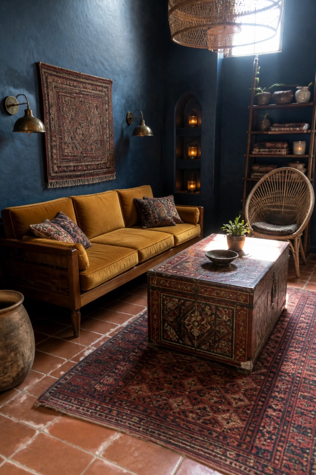 Mustard yellow velvet sofa beside ornate trunk table on red rug in blue room.