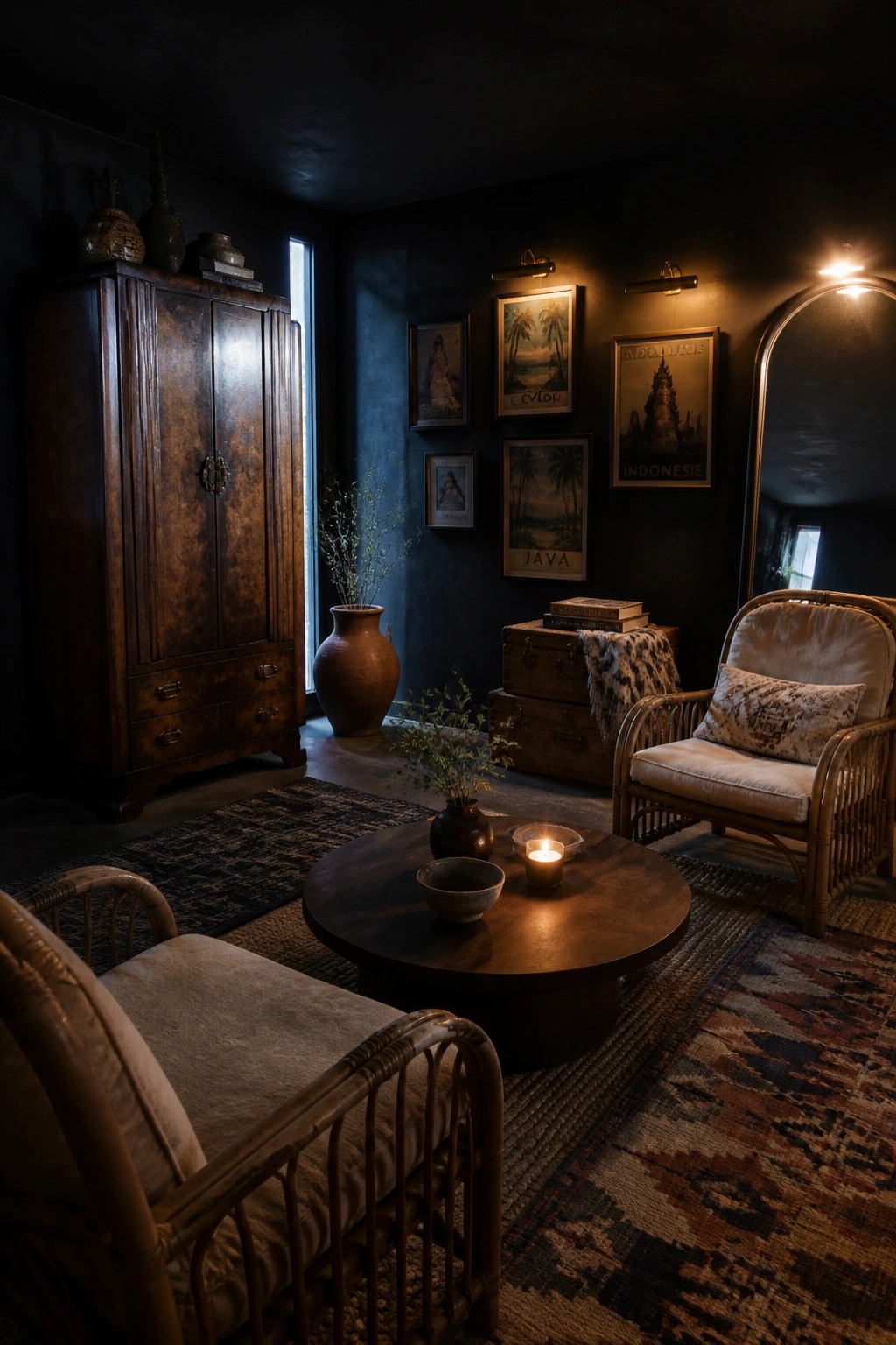 A dimly lit living room with dark blue walls shows a large wooden armoire on the left, two rattan chairs, a round wooden coffee table with a lit candle, stacked trunks, and vintage travel posters on the wall.