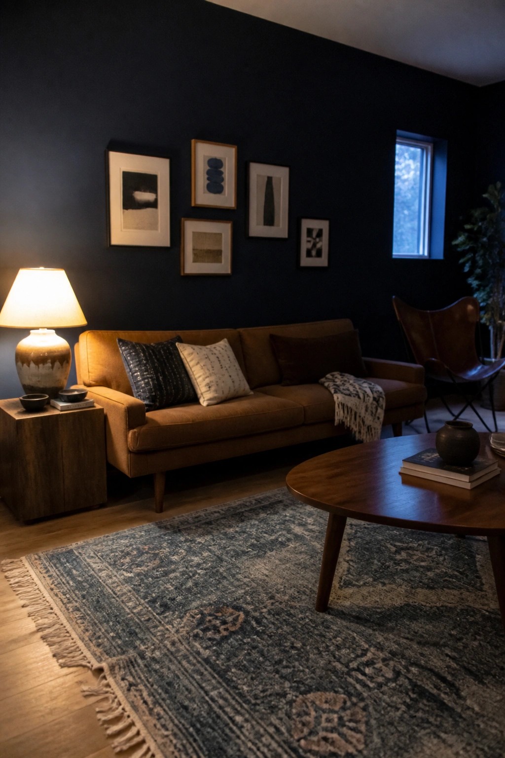A living room featuring a navy accent wall with a brown sofa, wooden side table and coffee table, framed art above the sofa, and a patterned area rug on hardwood flooring.