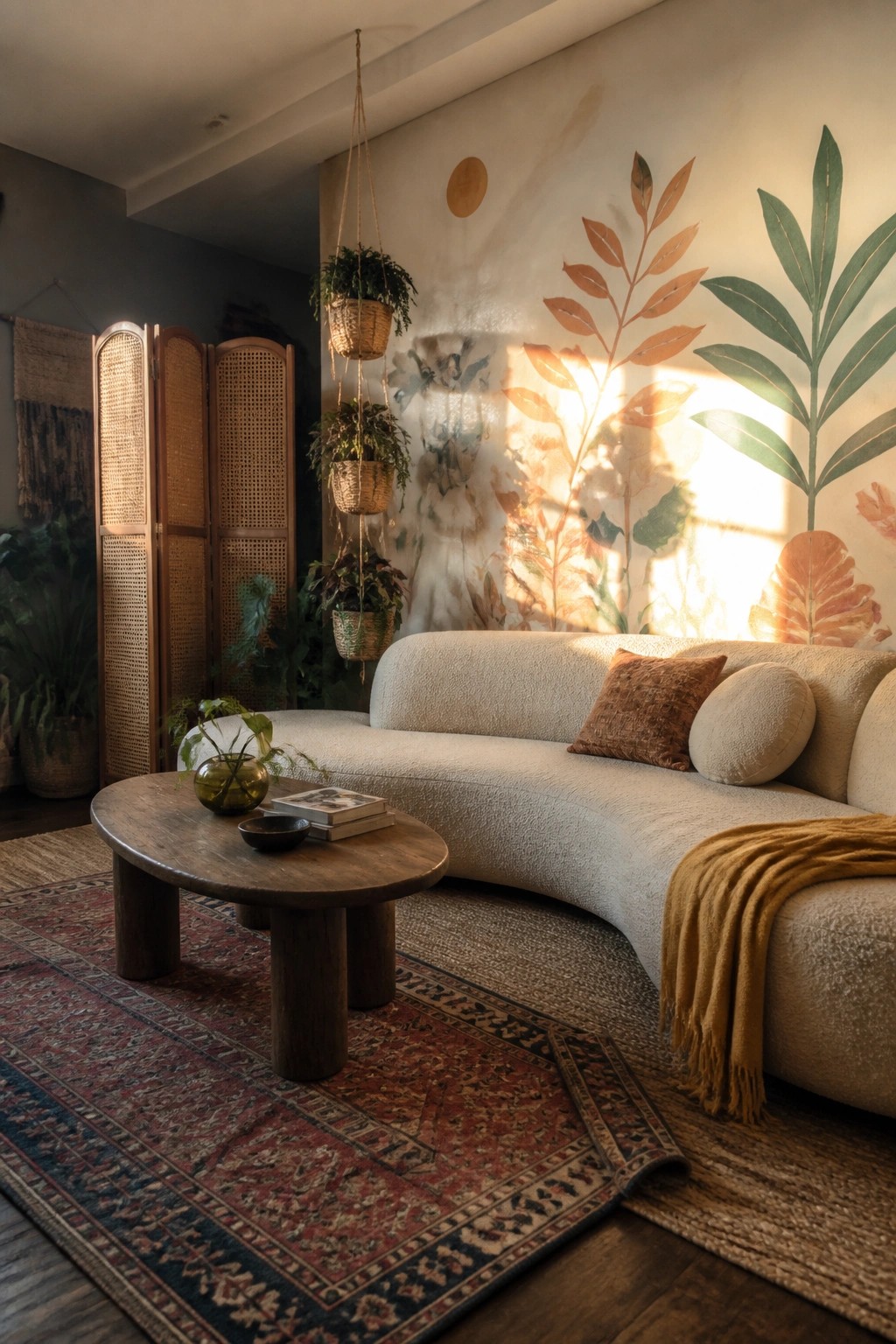 Curved beige sofa, wooden table on patterned rug, hanging plants, sunlit botanical mural wall