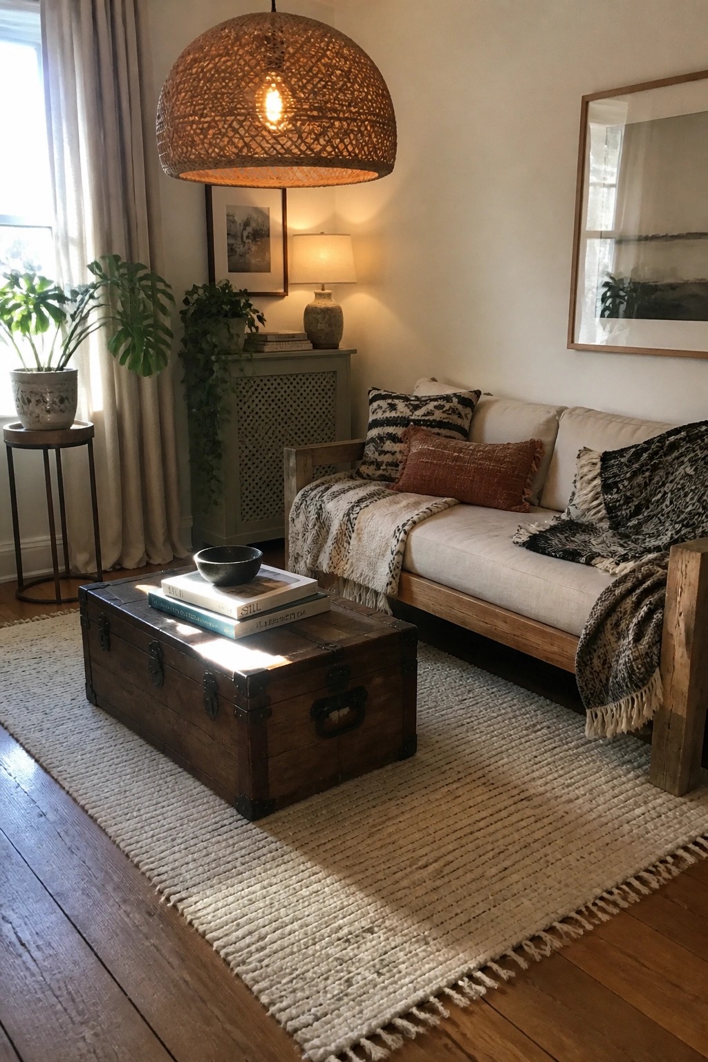 A living room featuring a beige sofa with patterned pillows and throws, a wooden trunk used as a coffee table on a jute rug, and a large woven pendant light hanging from the ceiling.