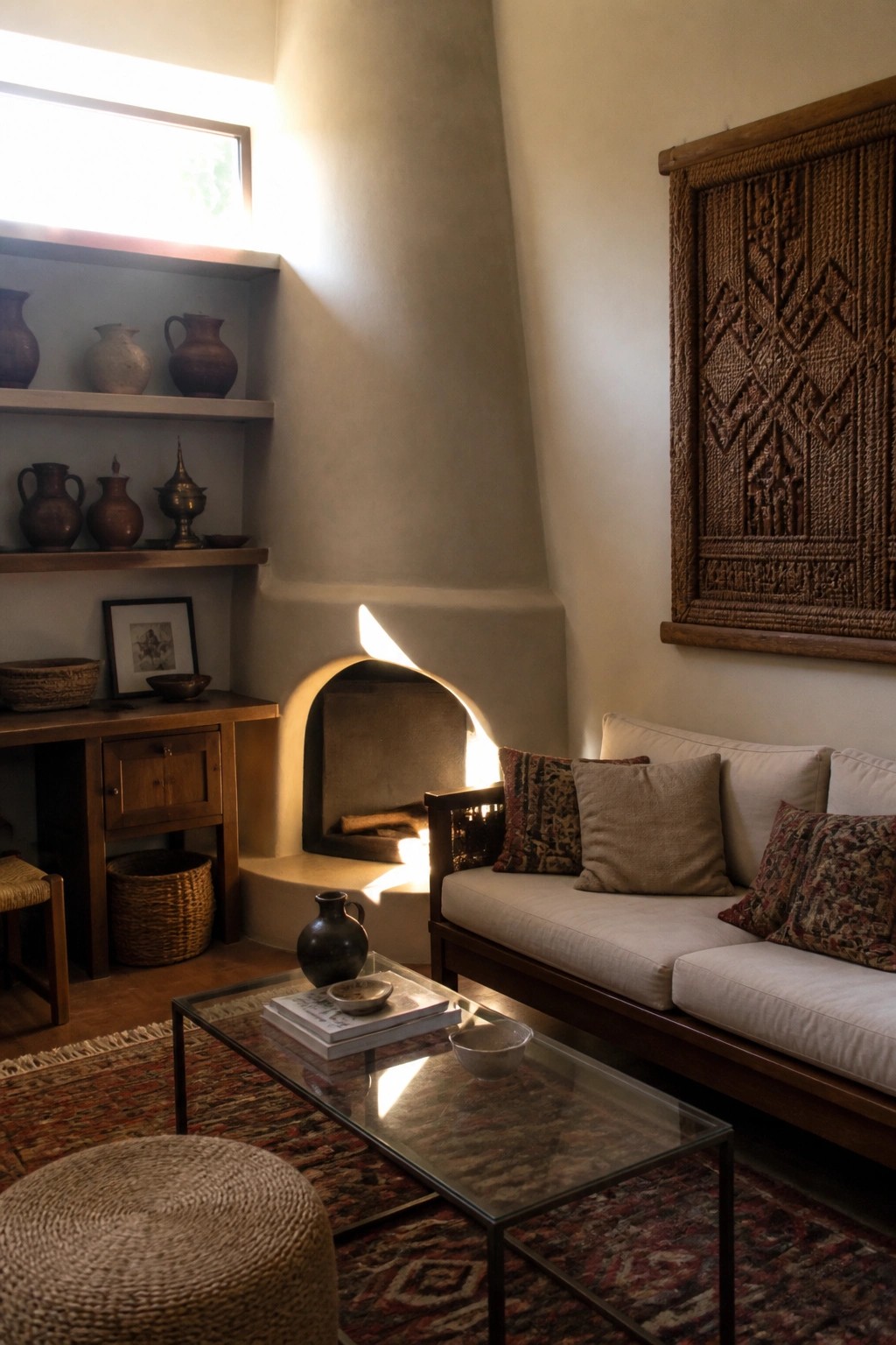 Sunlit adobe room with kiva fireplace, sofa, woven wall art, and pottery shelves.