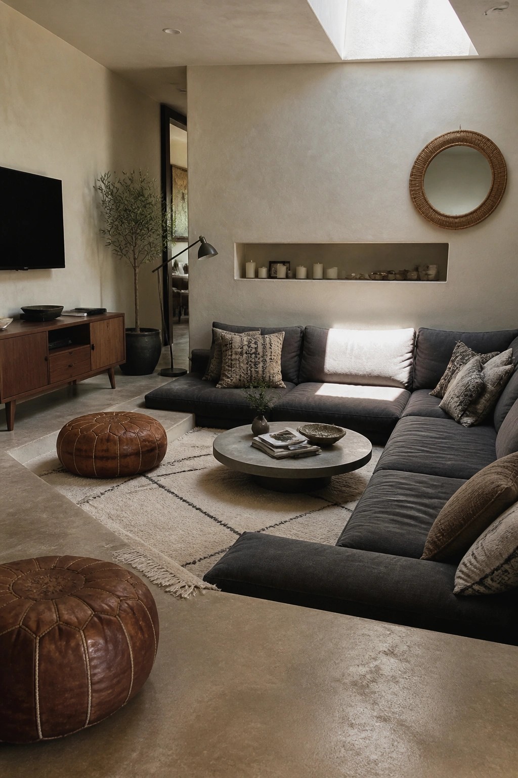 Minimalist living room with dark sectional sofa, concrete table, leather poufs, and woven rug.