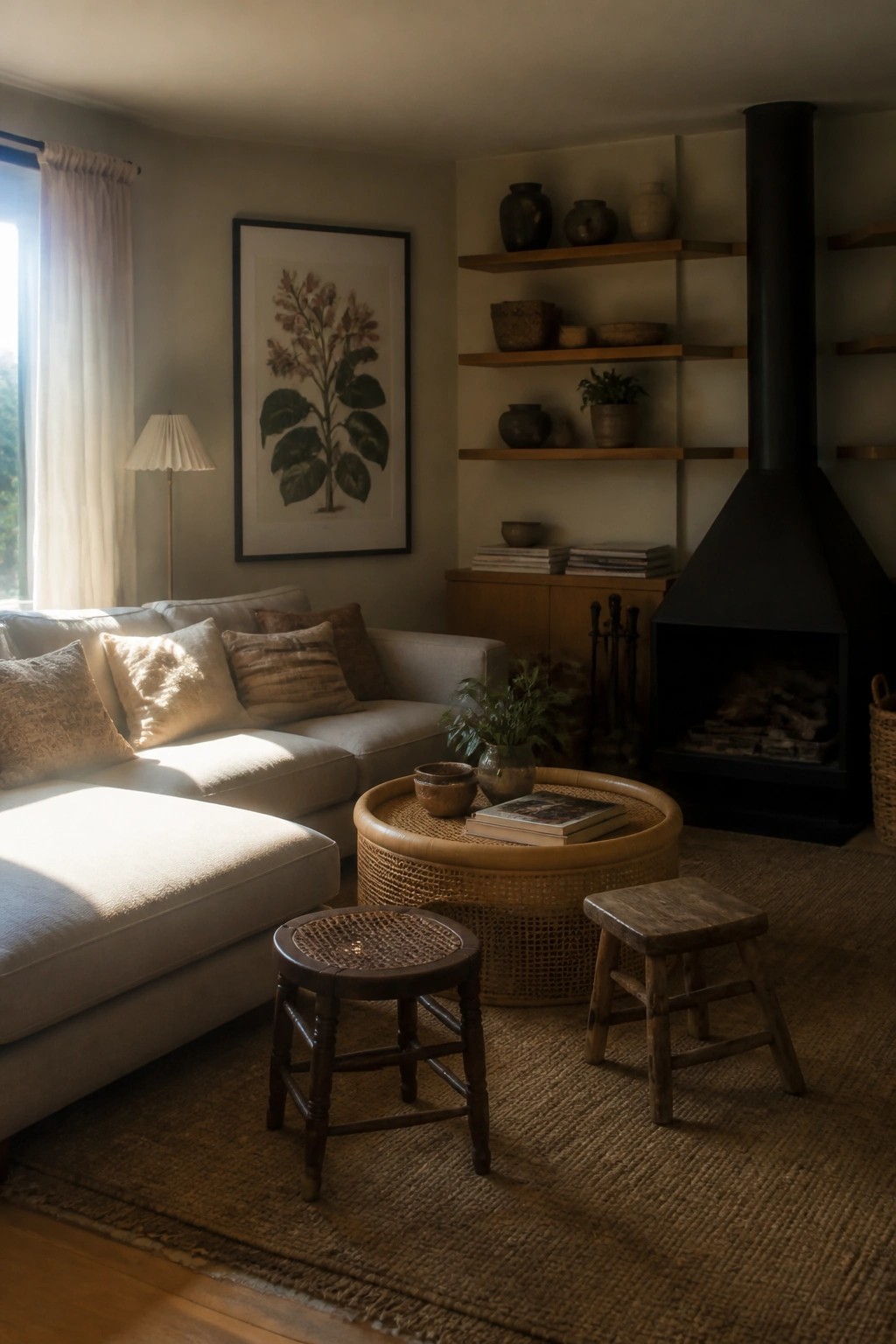 A living room with a light gray sectional sofa, round woven coffee table holding books and bowls, two wooden stools on a woven rug, built-in shelves with pottery, and a black fireplace.