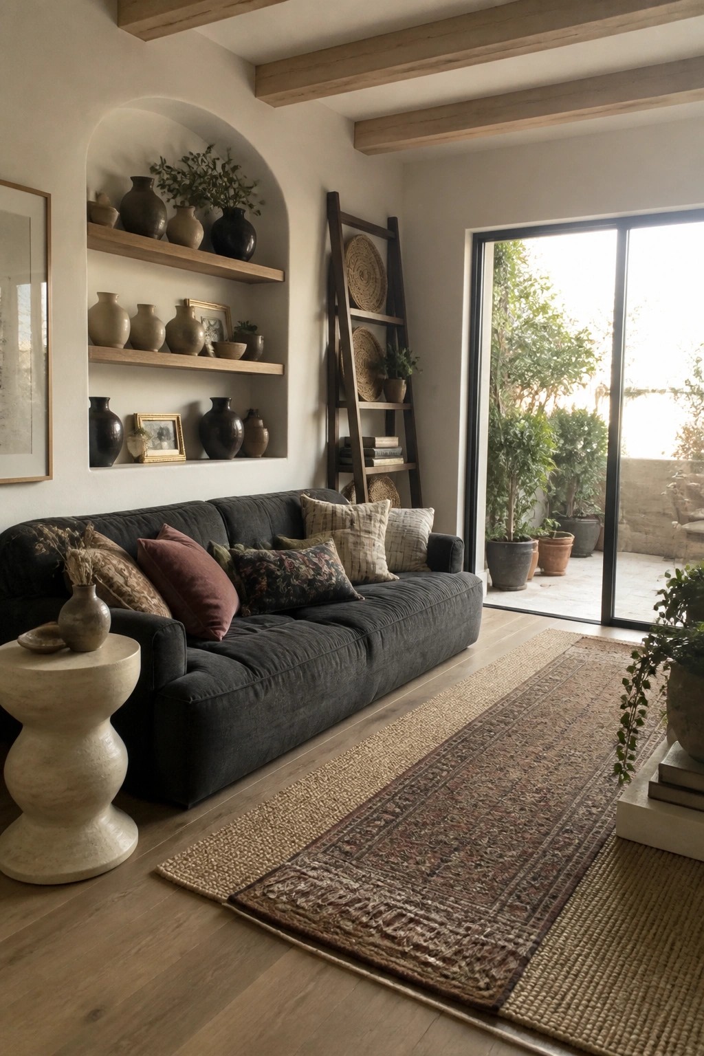 A modern living room featuring a dark sectional sofa, layered rugs, and wooden shelves built into an arched alcove holding ceramic vases and plants.