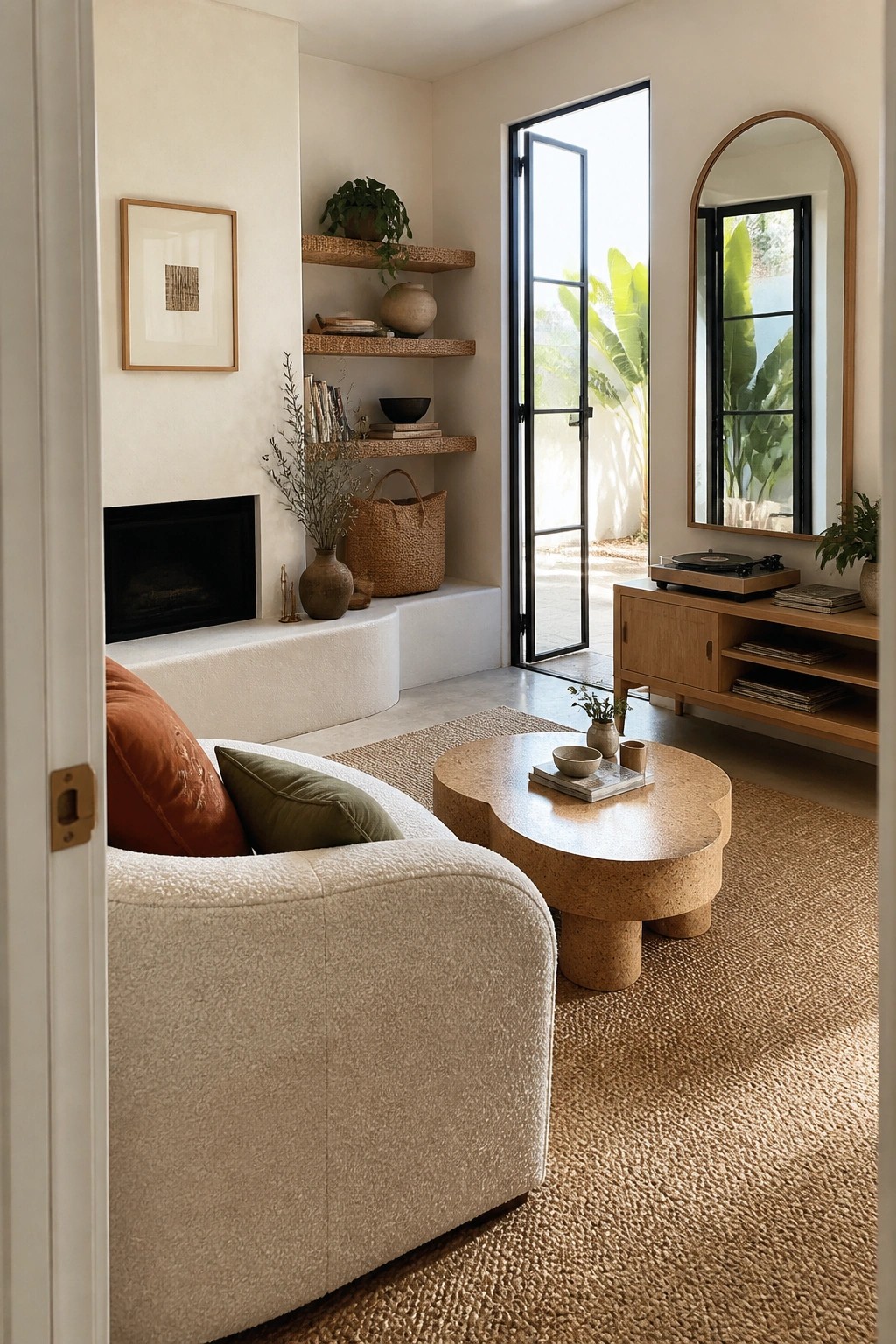 Living room interior with floating woven shelves above a black fireplace, a white bouclé sofa in the foreground, and a round cork coffee table on a woven rug.