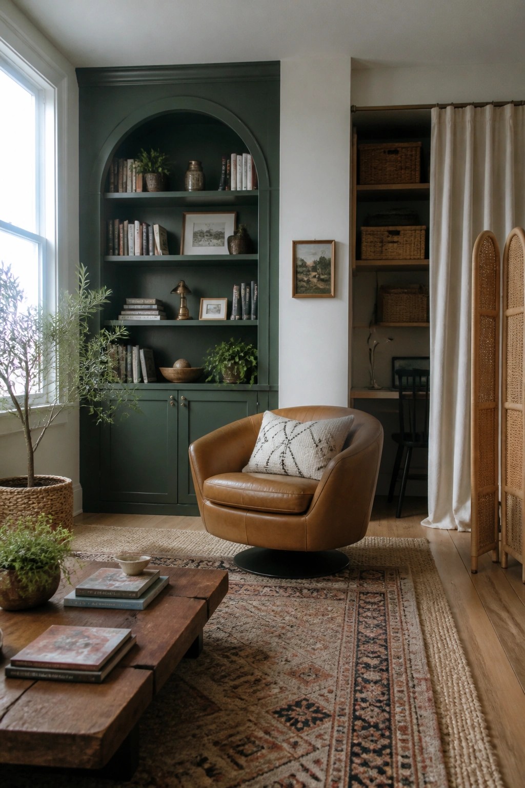 Cozy room with green arched bookshelf, brown leather swivel chair, and wooden coffee table