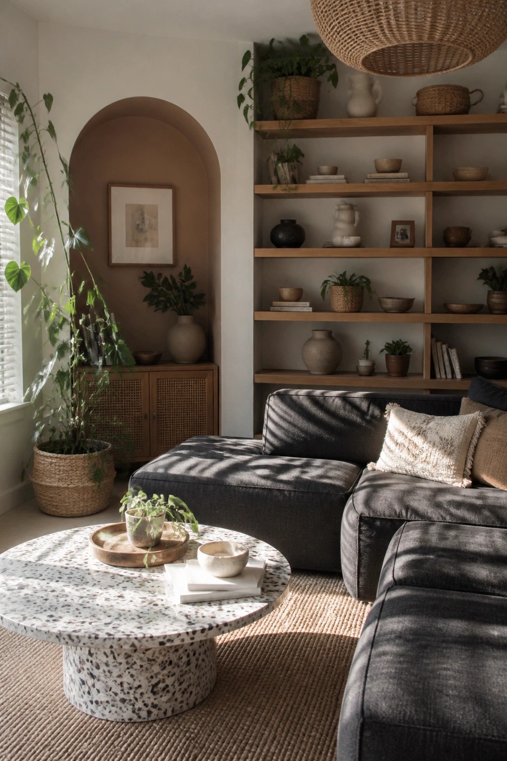 Cozy living room with dark gray sofa, terrazzo coffee table, arched niche, and plant-filled shelves.