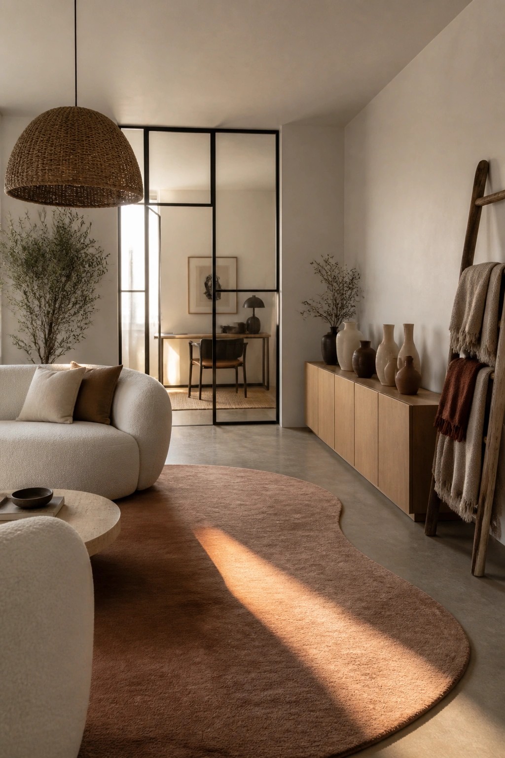 A modern living room featuring a large curved terracotta rug, a white curved sofa, a round coffee table, a wooden sideboard with vases, and a woven pendant light.