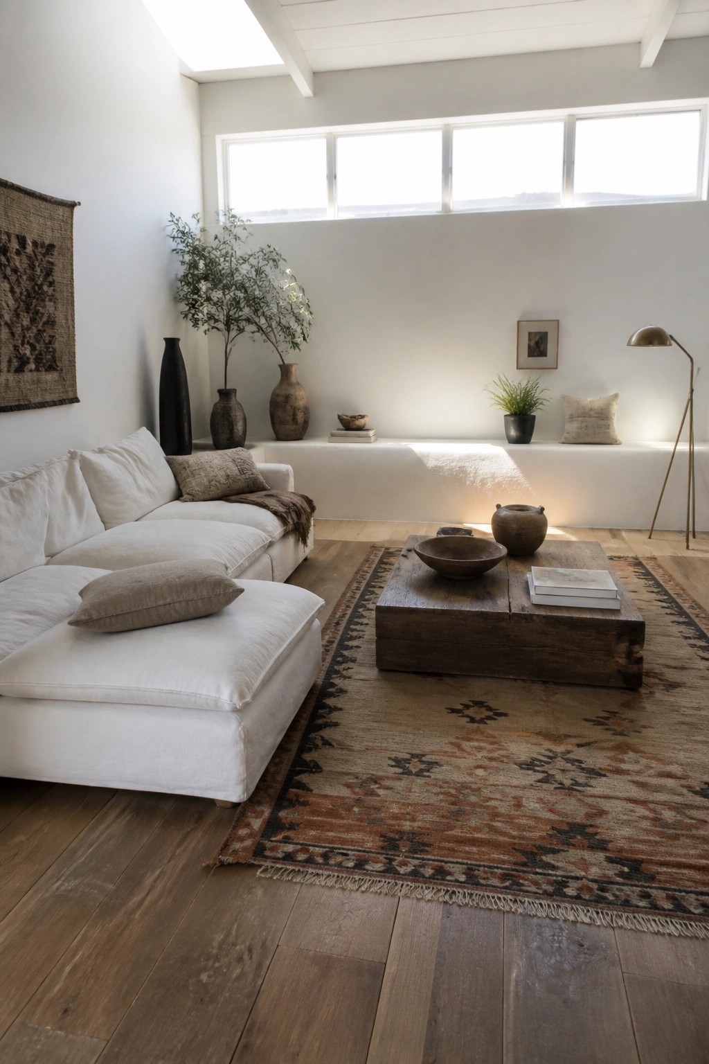 A bright living room with a white sectional sofa, a large low wooden coffee table on a patterned rug, and neutral ceramic vases along the back wall.