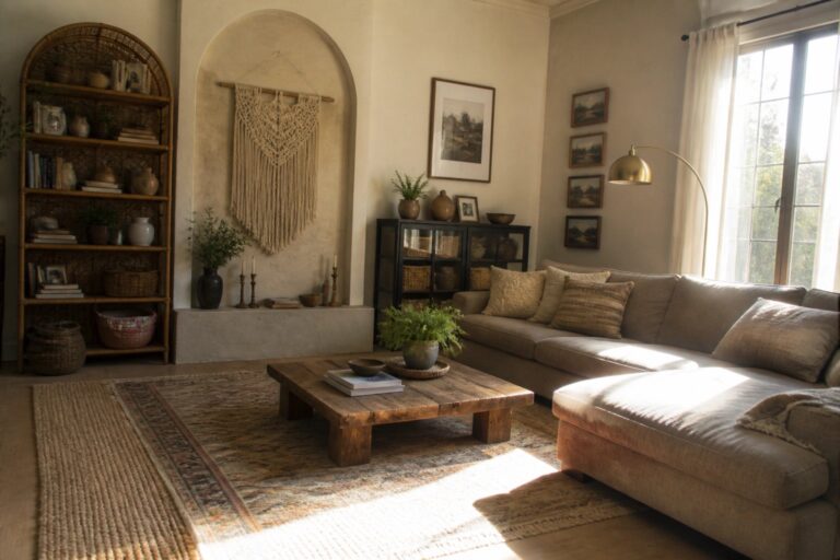 A living room with a gray sectional sofa, wooden coffee table, layered rugs including a large jute one, macrame wall hanging, and rattan bookshelf.