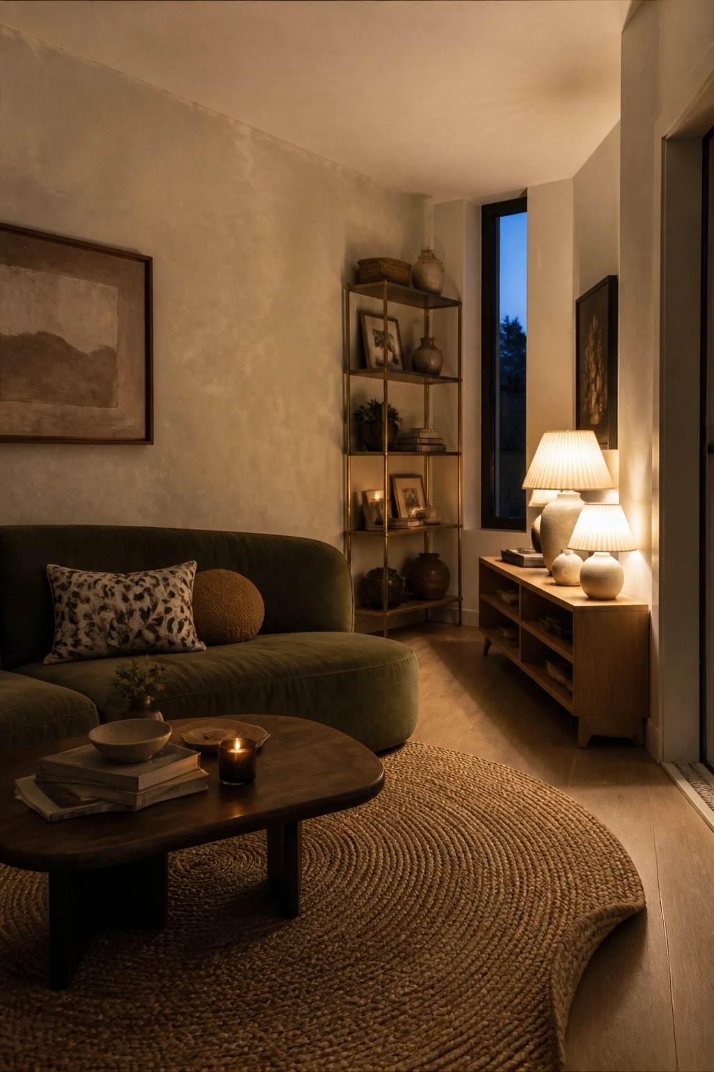 Cozy living room with green velvet sofa, wooden table, woven rug, and glowing lamps.