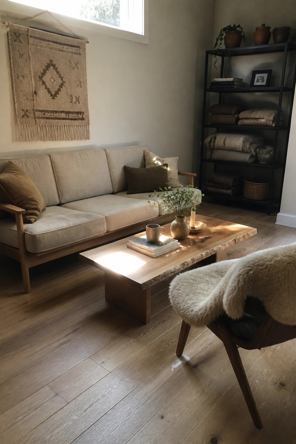 A modern boho living room with a light wood sofa, low live-edge coffee table, woven wall hanging, and black metal shelving unit.